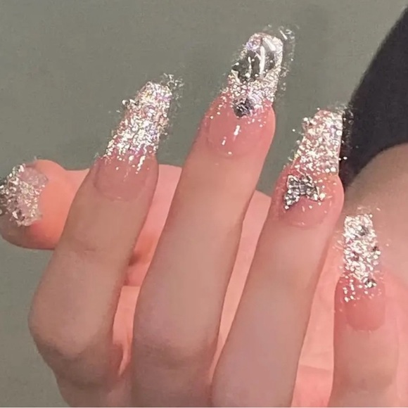 24 pc Medium Coffin Glossy Ballerina French Acrylic Nails with 3D Rhinestones - Picture 2 of 8